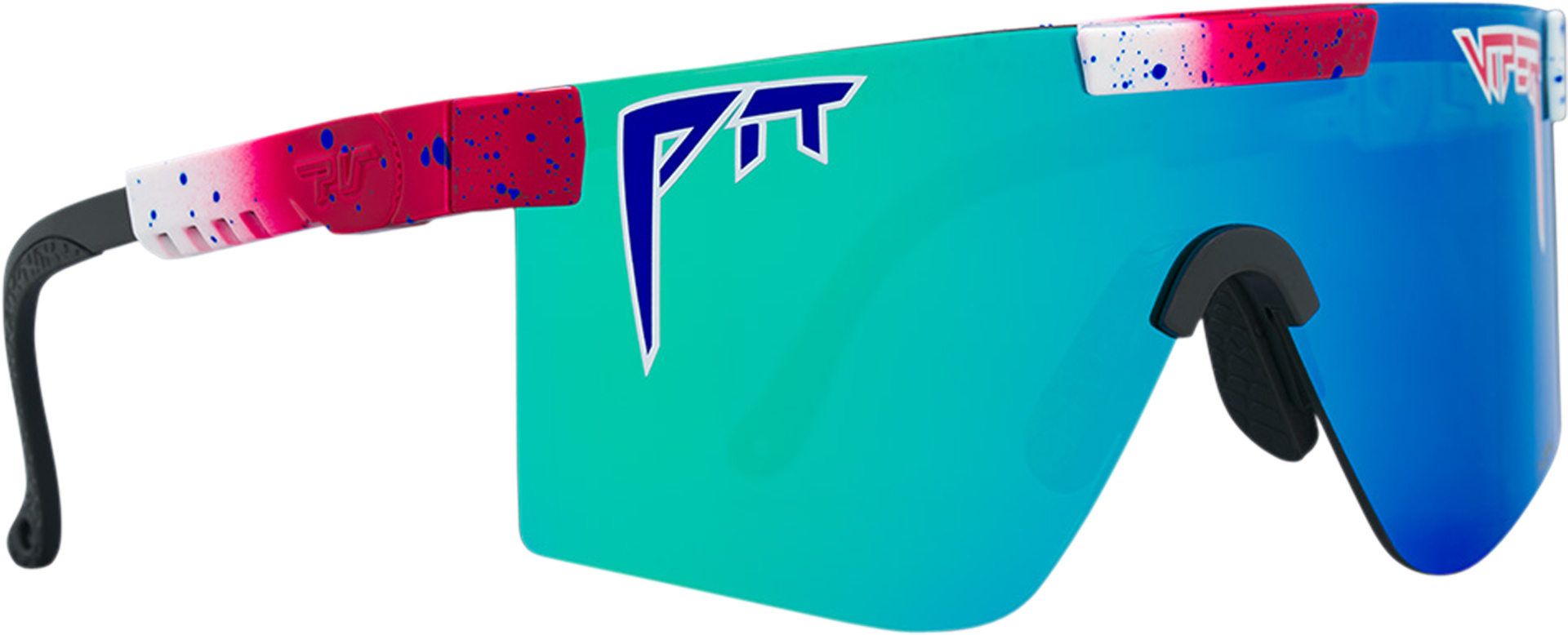 Detailaufnahme der Pit Viper The Firecracker Original Polarized Blue Sonnenbrille. Bunte Spritzer auf Bügel, blaues Logo auf grün-blauem Glas.