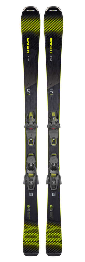 Ski `Head Super Joy` mit Bindung von oben. Das Design ist schwarz mit gelben Akzenten.