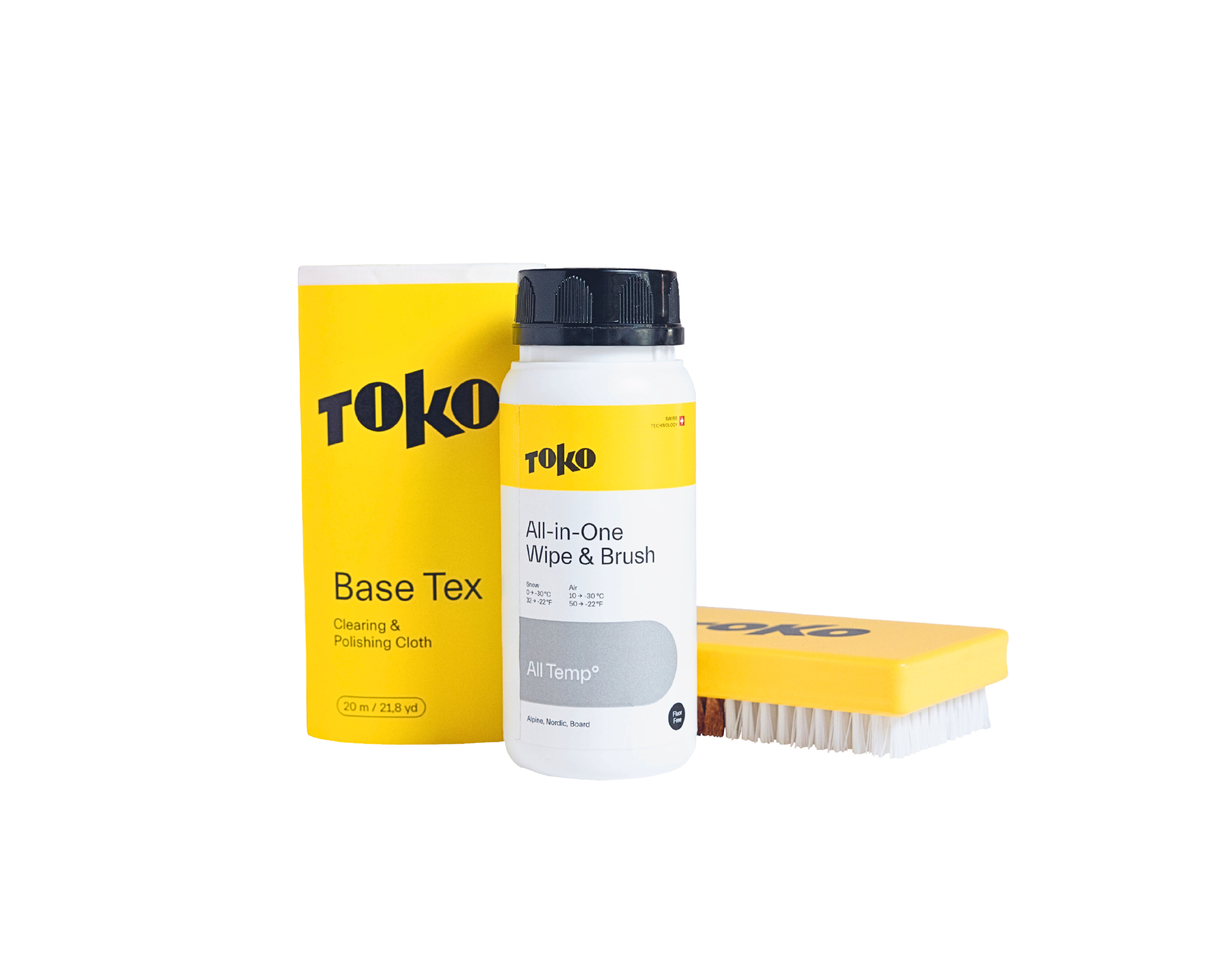 Toko All-in-One Wipe & Brush Kit: Reinigungsflüssigkeit, Poliertuch und Bürste für Ski.