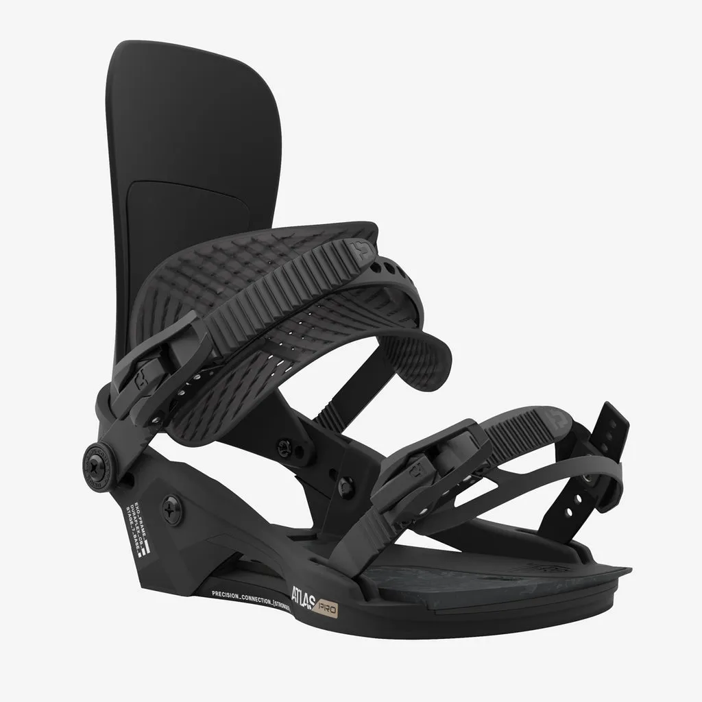 Black Union Atlas Pro snowboard binding, front view, with heel strap, ankle and toe straps against a white background.