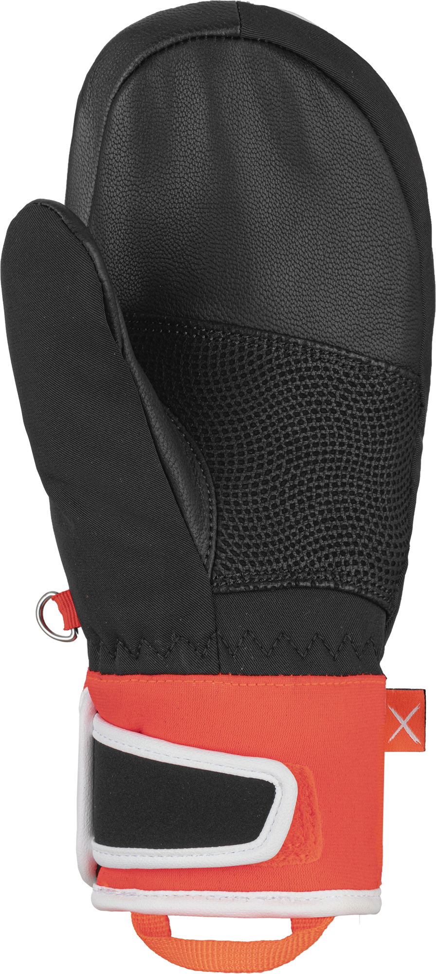 Detailansicht des Reusch Worldcup Warrior GS Junior Mitten, Leder, Textil und oranger Bund.