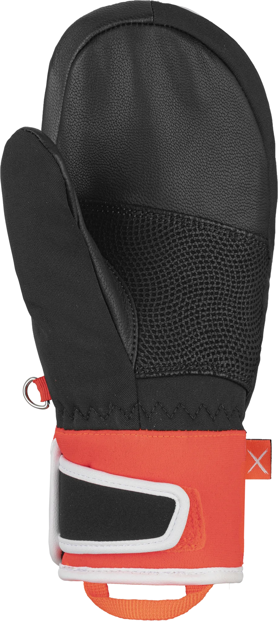 Detailansicht des Reusch Worldcup Warrior GS Junior Mitten, Leder, Textil und oranger Bund.