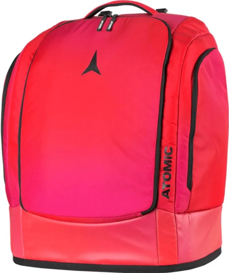 Sac à dos rouge pour montres de ski Atomic avec fermetures éclair et poignée de transport sur le dessus, logo noir Atomic et accents noirs.