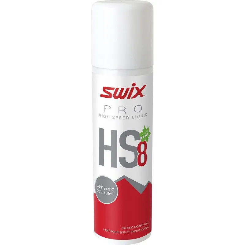 White spray bottle with red lettering "SWIX HS8 Liq." for ski and snowboard wax. Temperature range: -4°C to +4°C.