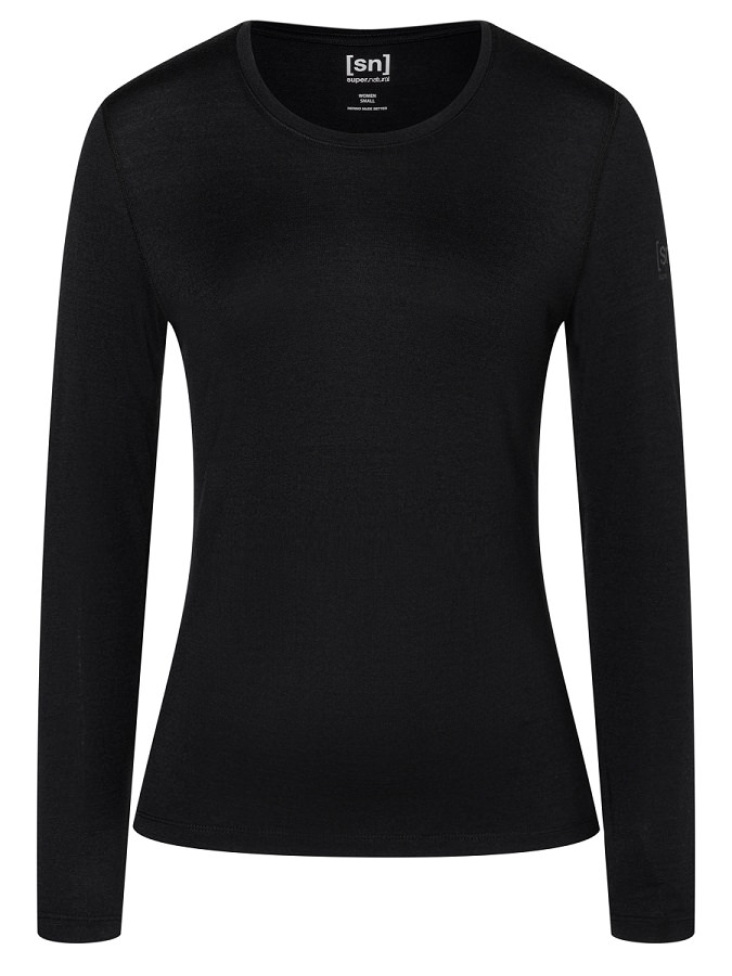 Schwarzes Super.Natural Base Crew Neck 230 Langarmshirt für Damen, Frontansicht.