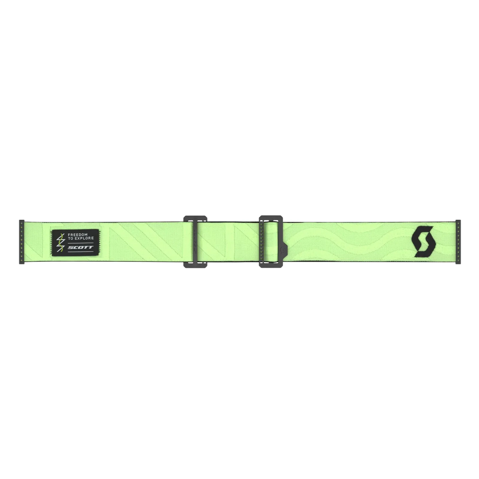 Detailansicht des grünen, gemusterten Brillenbandes der Scott Ambit Goggle mit schwarzen Einstell-Schnallen und Scott-Logo.