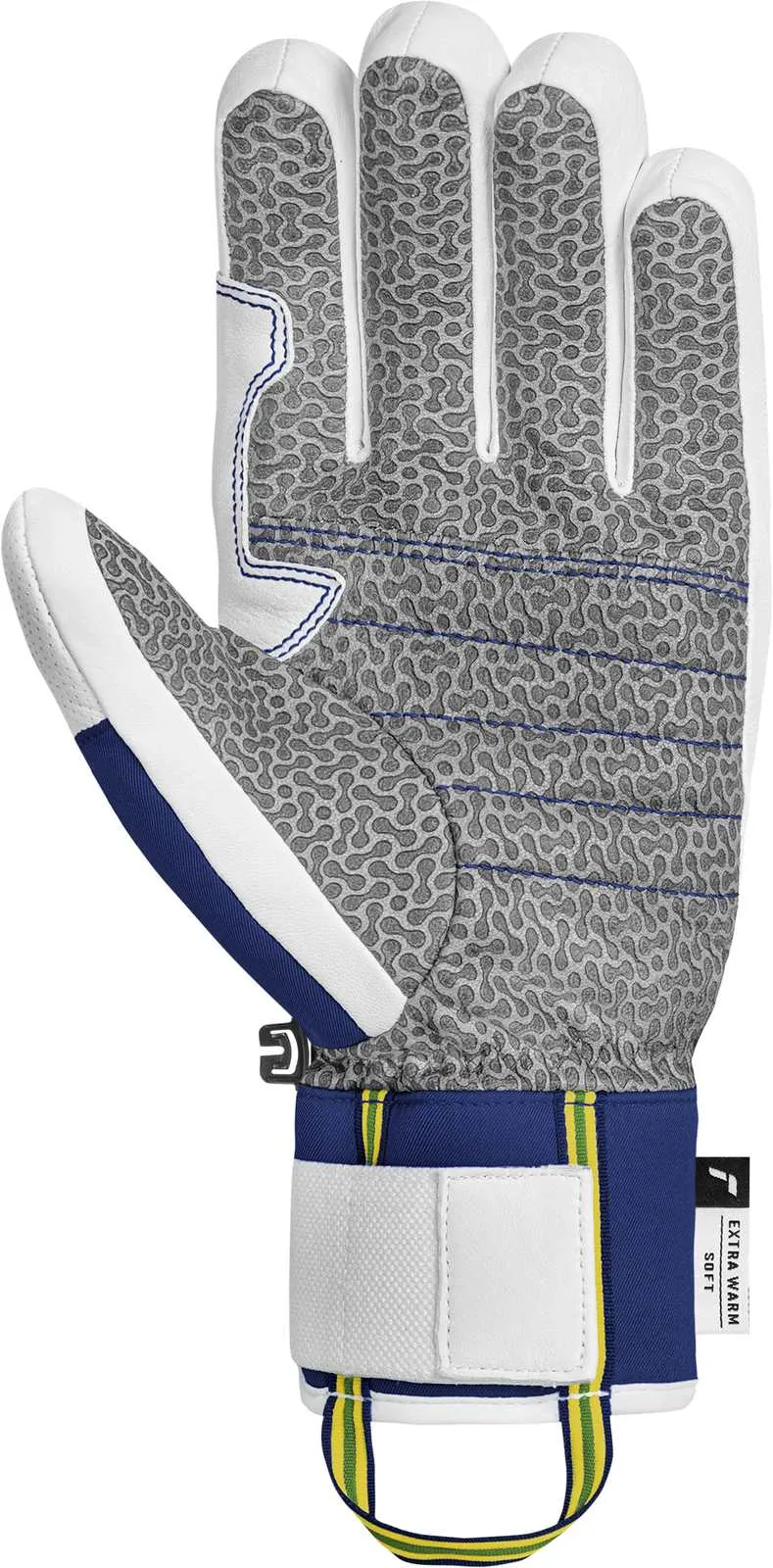 You can see a white glove with a gray pattern, blue accents and a wrist band with yellow and green stripes.