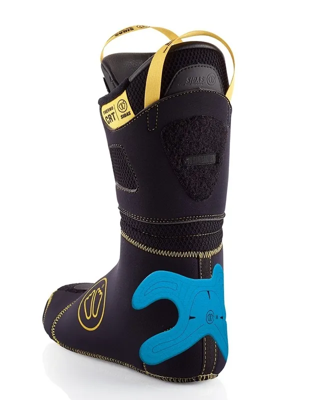 Black ski boot liner, blue heel reinforcement, yellow details and strap. Sidas IPS B-shape.