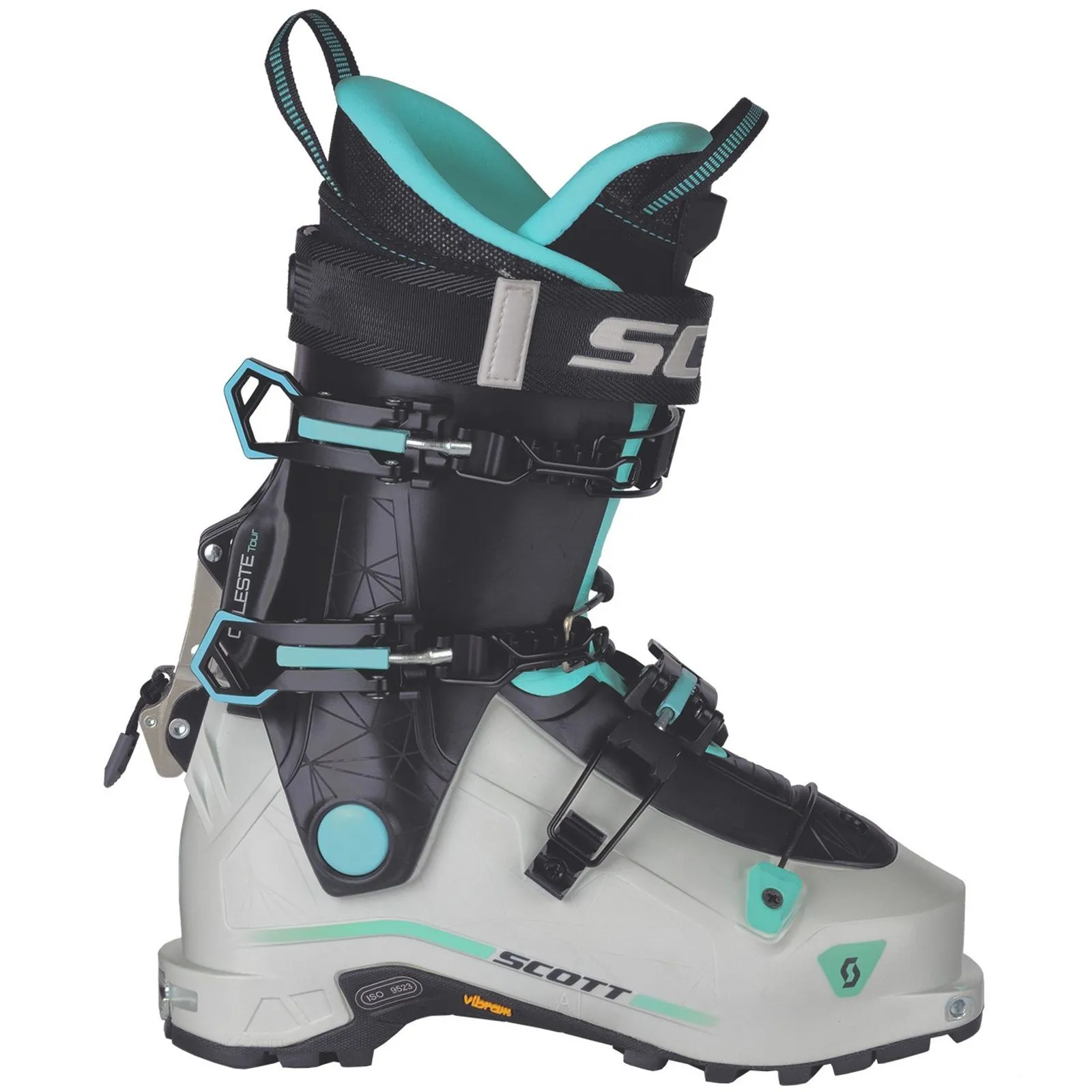 Single ski touring boot SCOTT Celeste Tour in white, black and turquoise from the side.