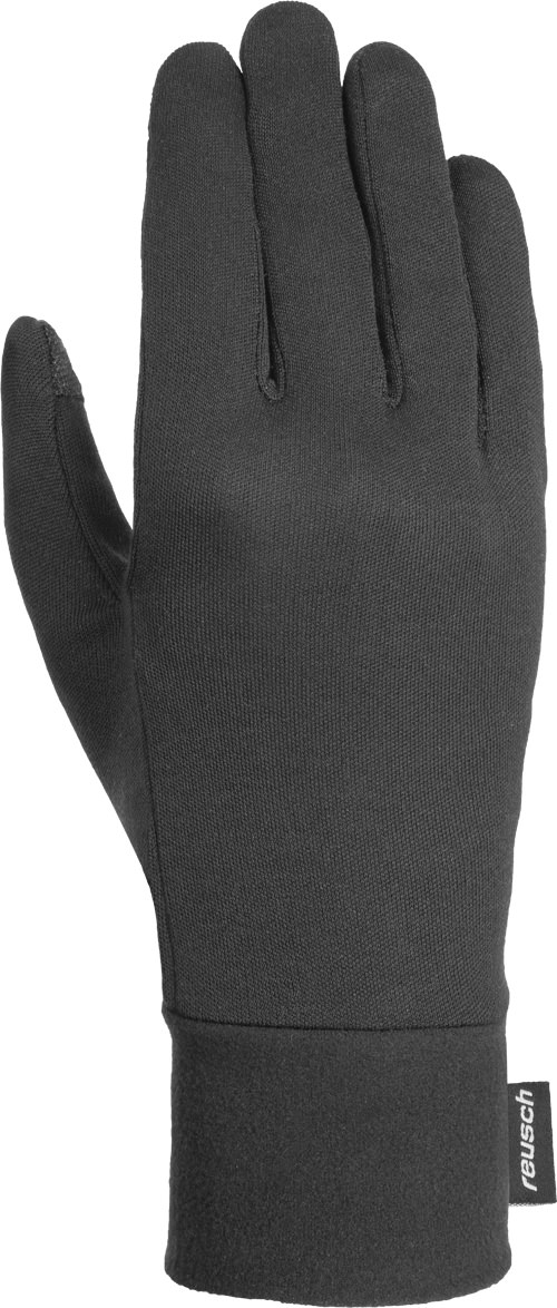 Schwarzer Reusch Silk Liner TT Innenhandschuh. Handfläche mit Fingern ist voll sichtbar. Linkes Handgelenk zeigt das Reusch Logo.