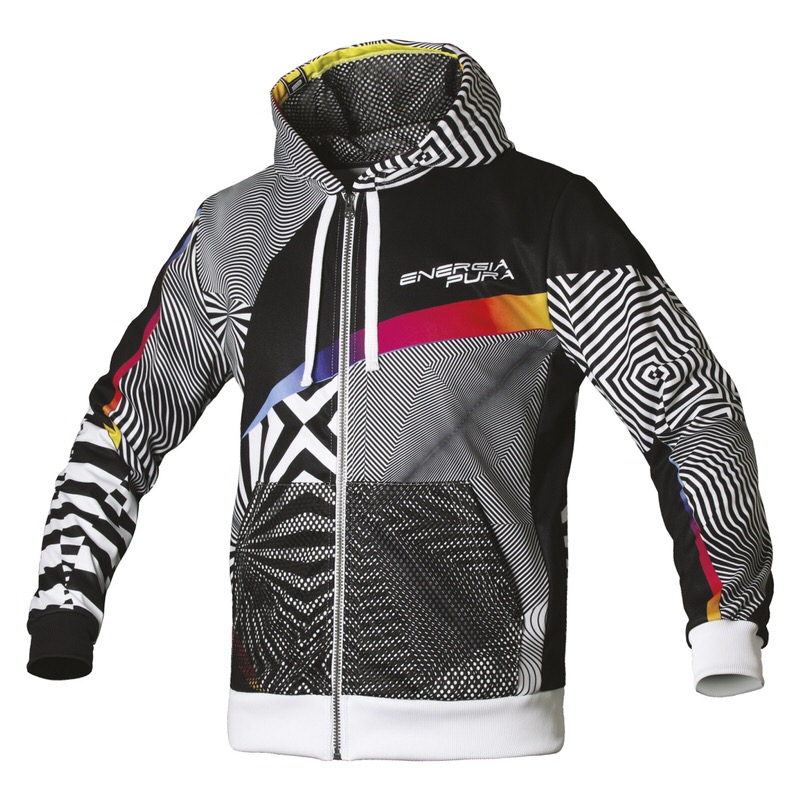Schwarzes Optical Zip Sweatshirt mit Kapuze und geometrischen Mustern, Reißverschluss und aufgesetzten Taschen.