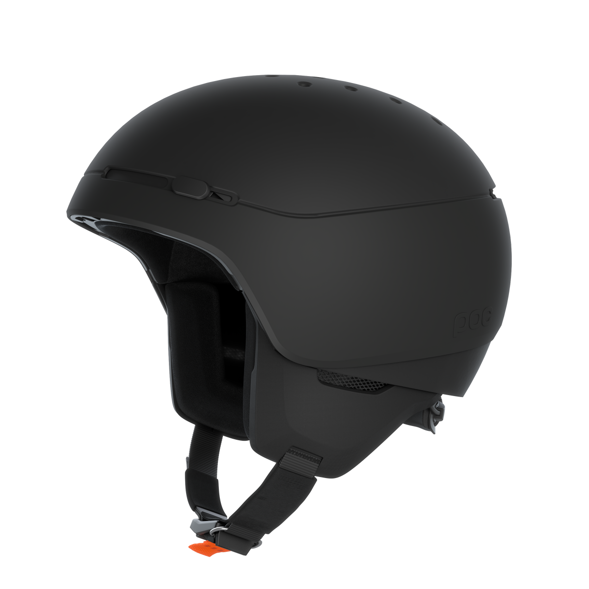 Casque de ski noir Poc Meninx, vue latérale. Jugulaire avec fermeture orange. Ouvertures d'aération visibles.