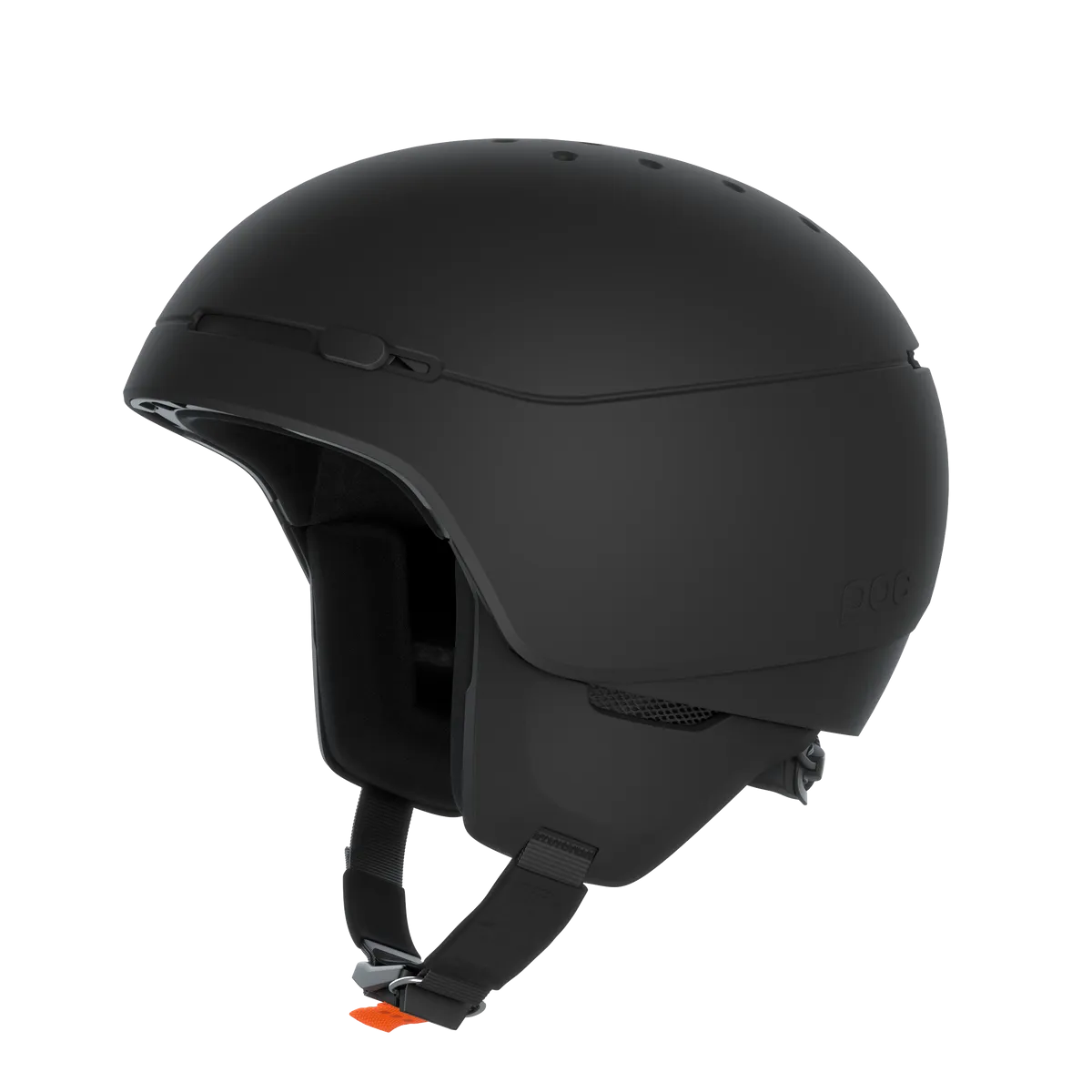 Black Poc Meninx ski helmet, side view. Chin strap with orange fastener. Ventilation openings visible.