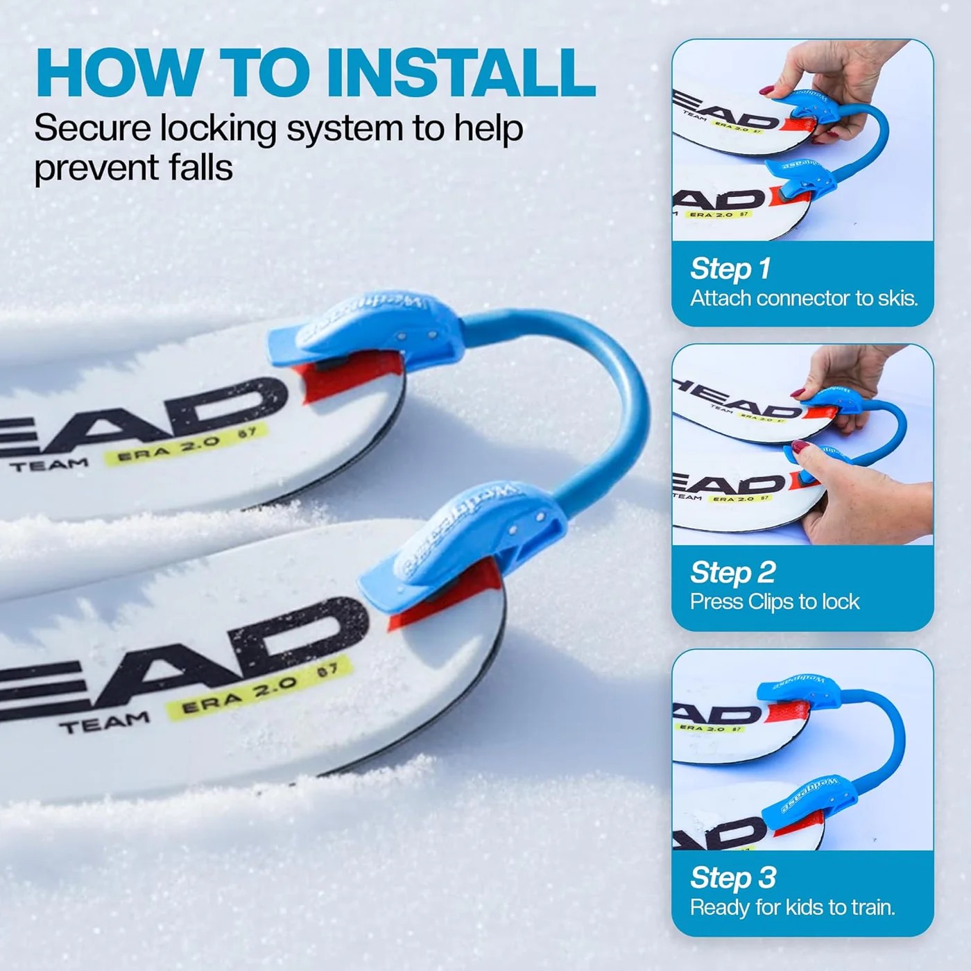 Anleitung zur Befestigung eines blauen Wedgease Ski Tip Connectors an zwei weißen Skiern. Montage in drei Schritten: anbringen, Clips verriegeln, Skispitzen fixieren. So bleiben die Skier parallel und helfen, Stürze zu verhindern.