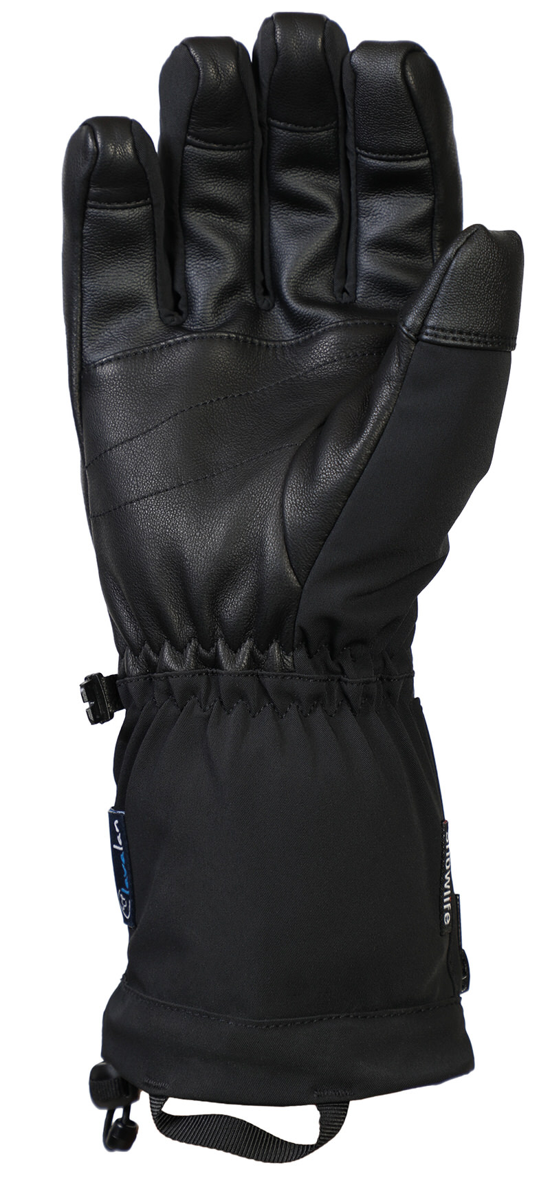 Schwarzer Heat DT Glove, Handfläche aus Leder, Handrücken aus Stoff, sichtbarer Verschluss und Kordelzug.