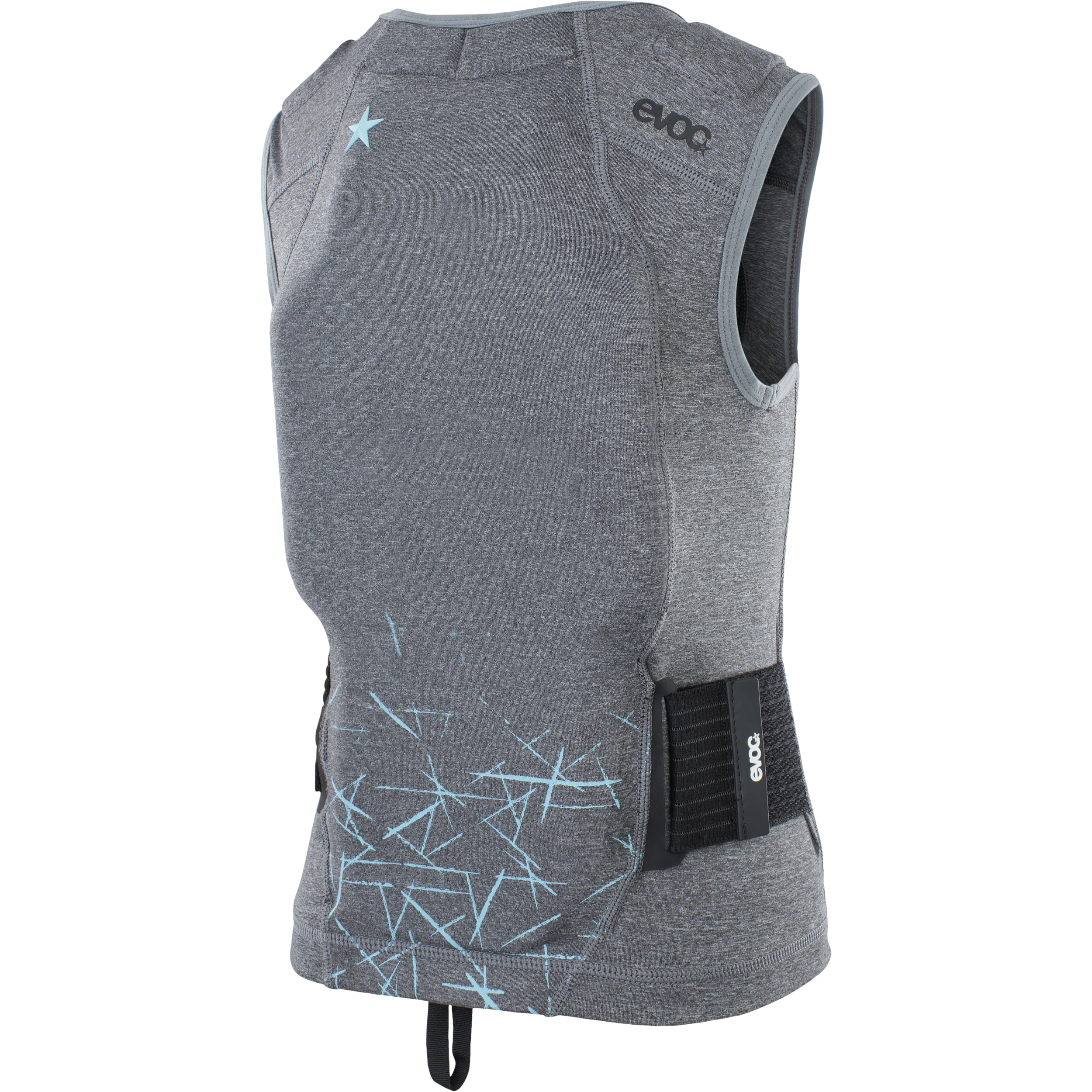 Rückenansicht Evoc Protector Vest Kids in Grau mit blauen Akzenten und schwarzem Taillenband.