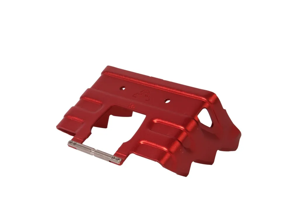 Red Dynafit crampons 120mm with metal teeth and connecting piece.