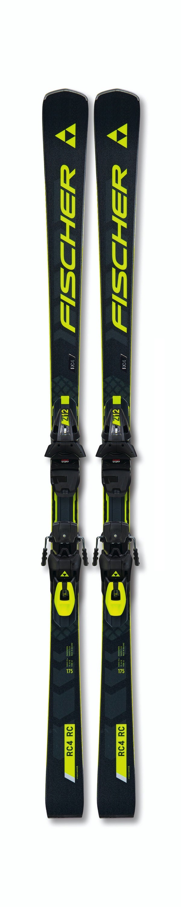 Ski RC4 WorldCup RC mit Bindung Z12, Frontalansicht. Schwarz-gelbes Design, Fischer-Logo deutlich sichtbar.