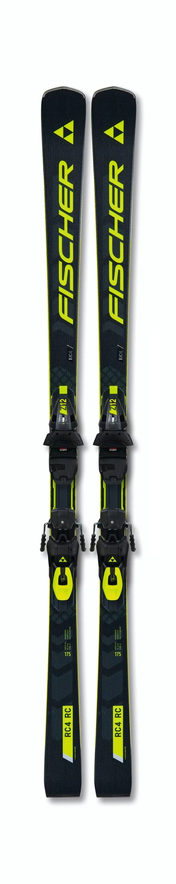 Ski RC4 WorldCup RC mit Bindung Z12, Frontalansicht. Schwarz-gelbes Design, Fischer-Logo deutlich sichtbar.