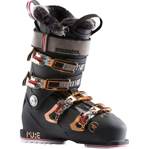 Schwarzer Rossignol Pure Pro Heat Skischuh mit goldenen Schnallen. Innenfutter ist mit Fell versehen.