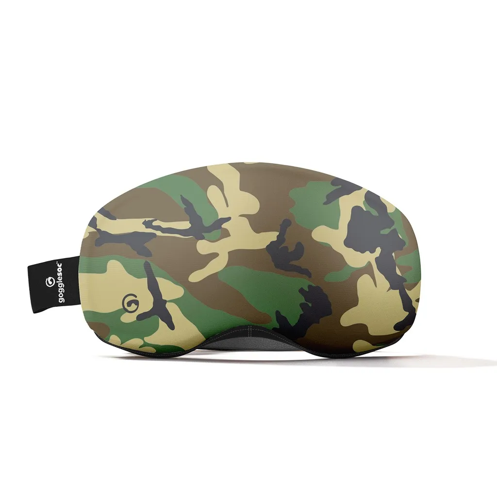 Protective ski goggle cover in camouflage pattern with brand label, khaki, green and brown.