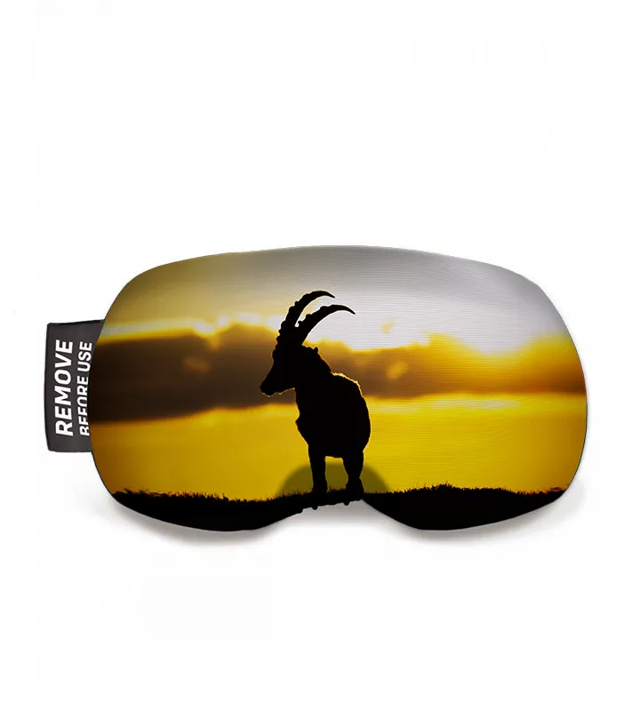 Airwing Chamois ski goggle protective cover: silhouette of an ibex at sunset.