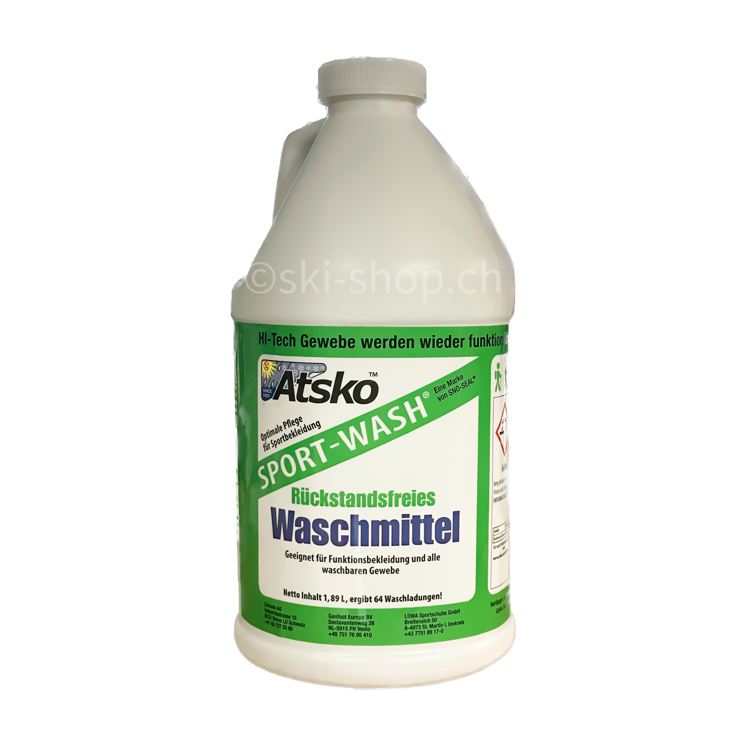 Sport-Wash Waschmittel Weiße Flasche Sport-Wash Waschmittel mit grünem Etikett für atmungsaktive Sportbekleidung.