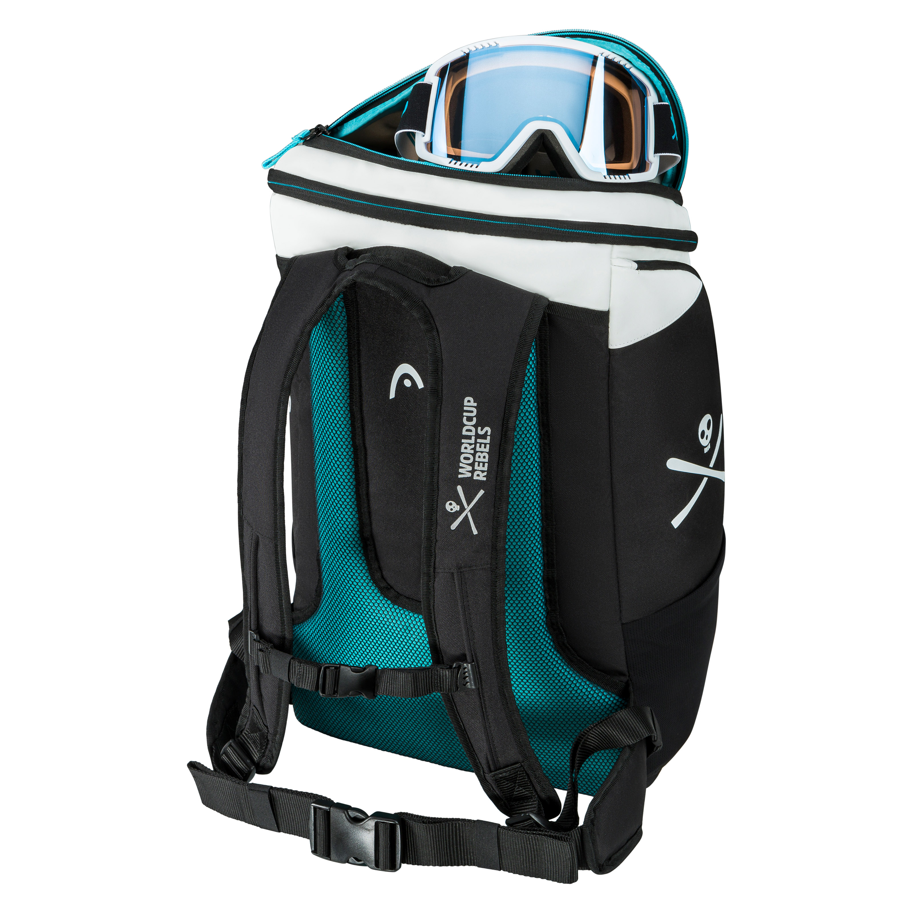 Schwarzer Head Rebels Backpack mit türkisfarbenem Rückenteil und Skibrille oben im offenen Fach.