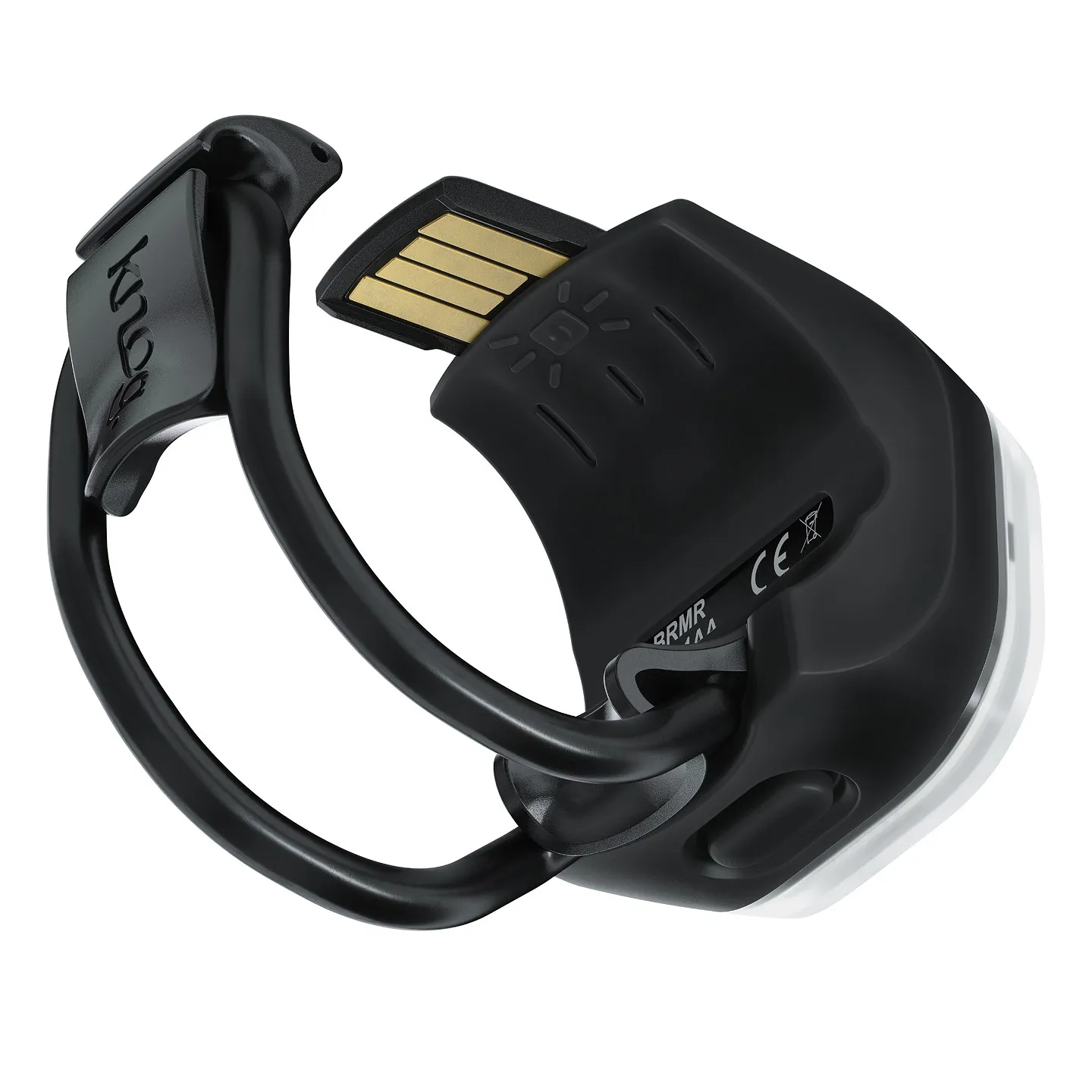 Gros plan sur la lampe de vélo Knog Blinder Mini Square avec connexion USB et bande de silicone flexible pour le montage.