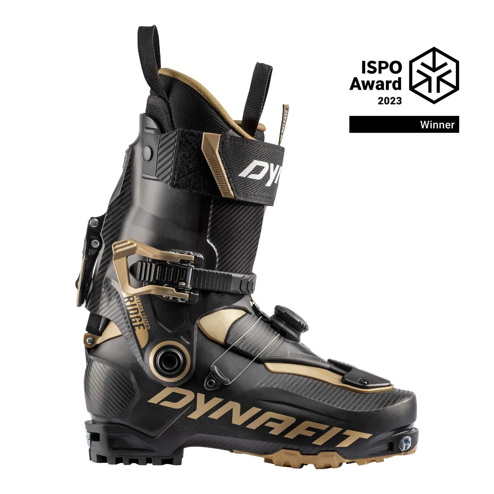 Scarpone da sci touring Dynafit nero con inserti dorati, vista laterale. Logo ISPO Award 2023.