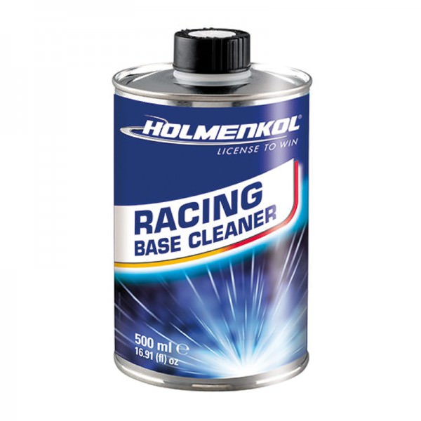 Metallkanister mit blauem Etikett, das den Text "Racing Base Cleaner" zeigt, für die Skibelagsreinigung.