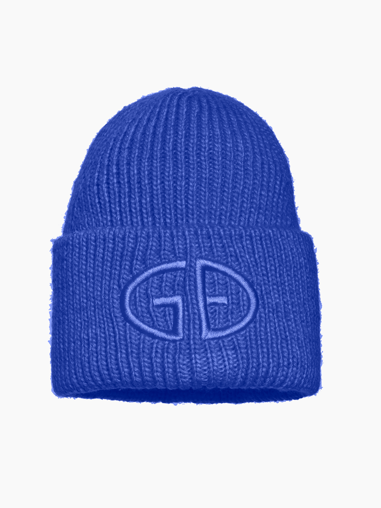 Bonnet tricoté bleu (Beanie) avec une texture côtelée et un logo "GD" sur le devant.