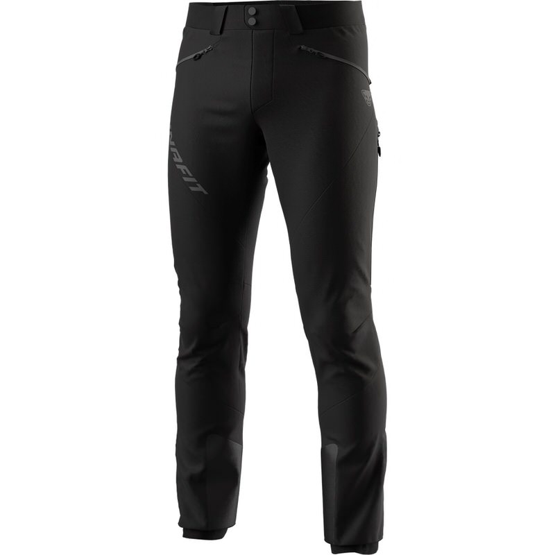 Schwarze Dynafit TLT Touring DST Men PNT Skitourenhose, Frontansicht, mit Reißverschlusstaschen und Logo.