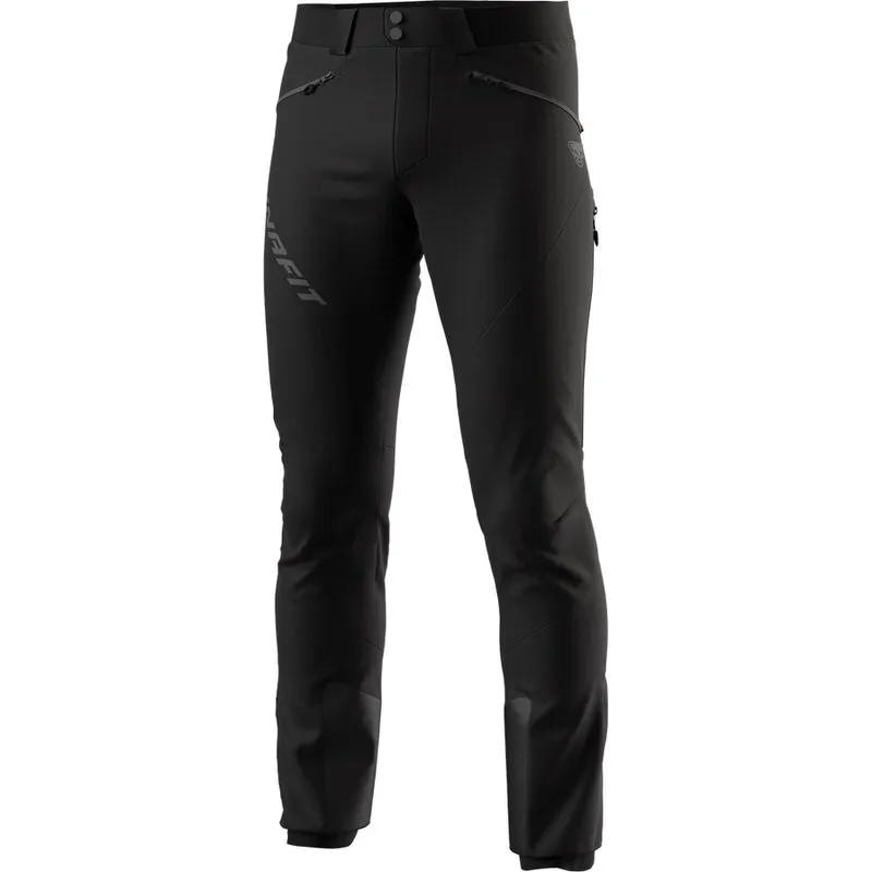 Black Dynafit TLT Touring DST Men PNT ski touring pants, front view, with zippered pockets and logo.