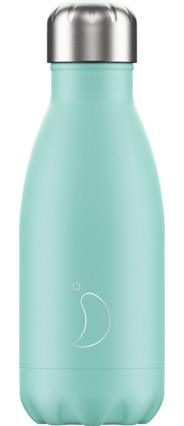 Pastellgrüne Chillys Trinkflasche, 260ml, mit silberfarbenem Deckel und Logo.
