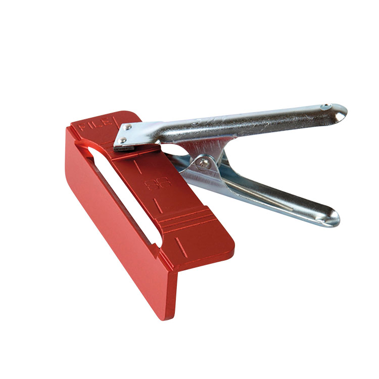 Roter Snoli TYROL Feilenhalter mit silberner Klammer für 88° Winkel.