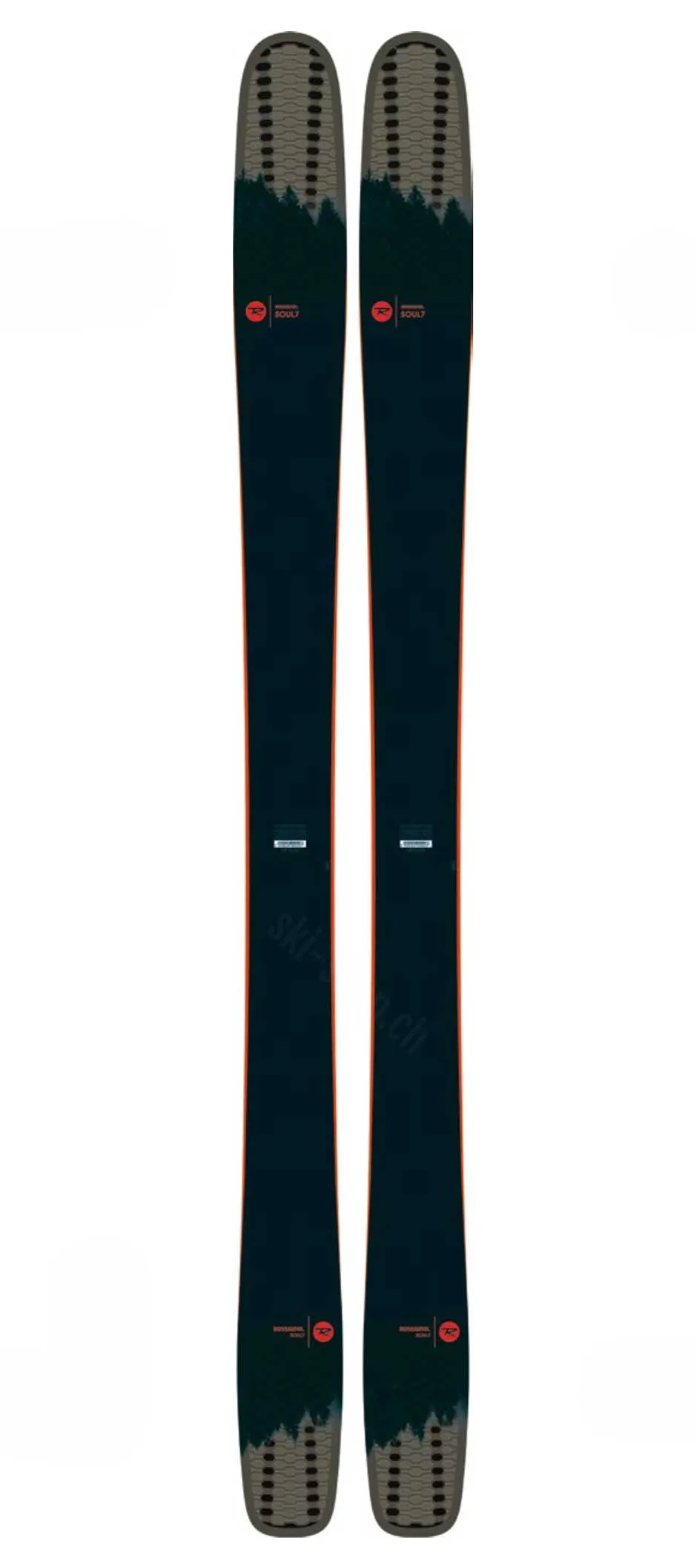 Due Rossignol Ski Soul 7 HD, fotografati dall'alto, con corpo blu scuro e punta e coda grigie.