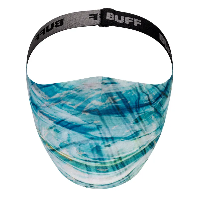 Masque filtre bleu clair Buff avec un motif abstrait et un bandeau noir.