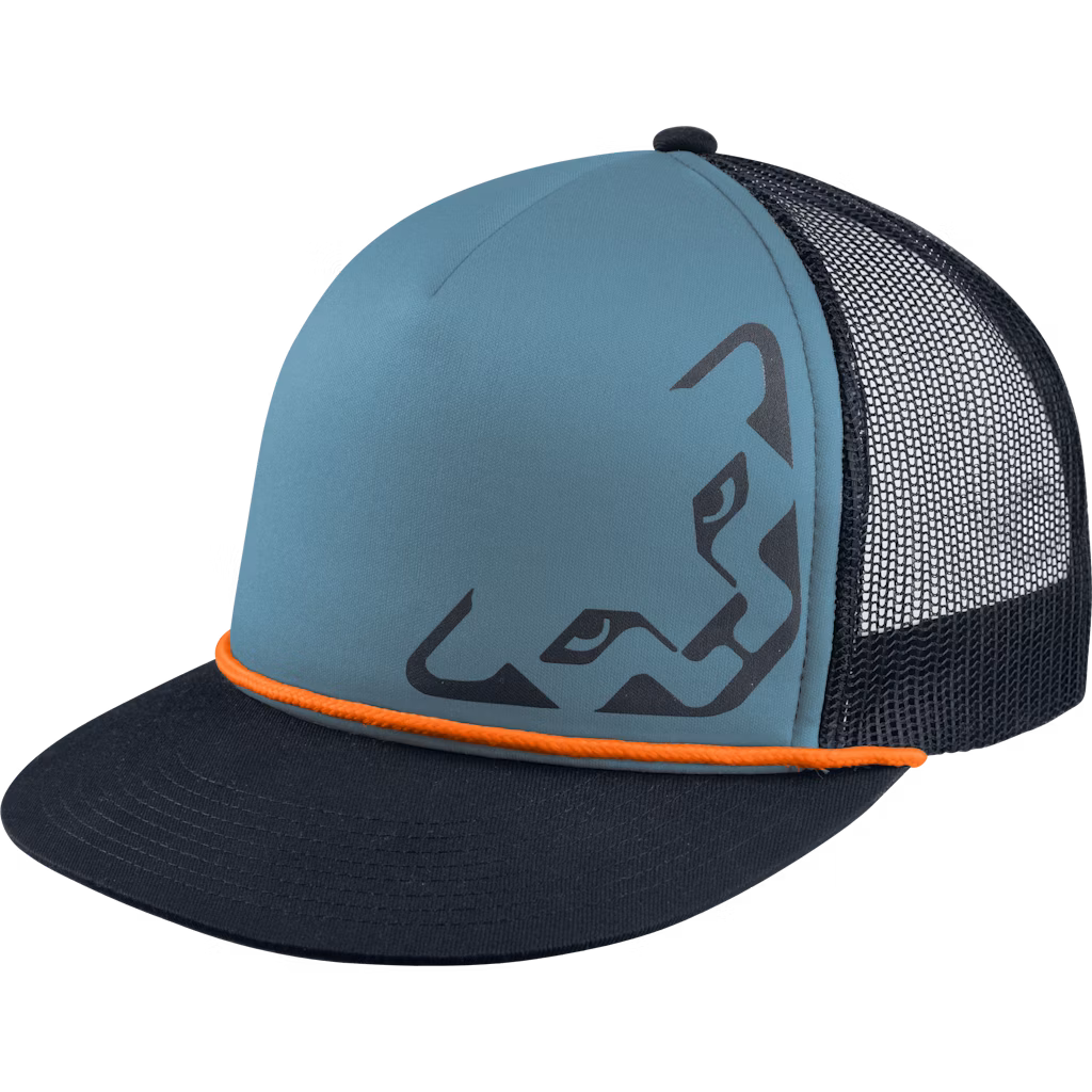 Casquette de baseball Chat de proie Casquette de base-ball avec logo d'un félin, bleue et noire avec cordon décoratif orange et tissu en filet.