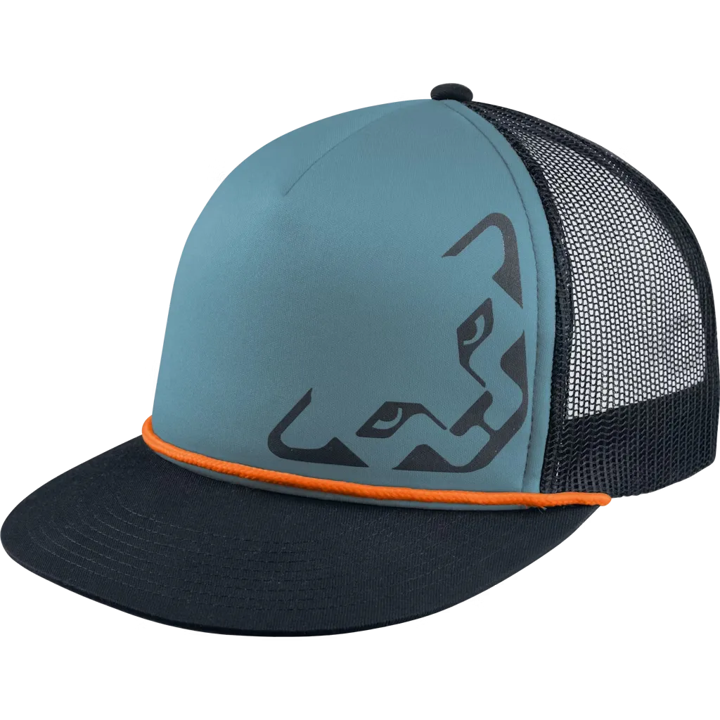 Baseballkappe mit Logo einer Raubkatze, blau-schwarz mit orangener Zierkordel und Netzstoff.