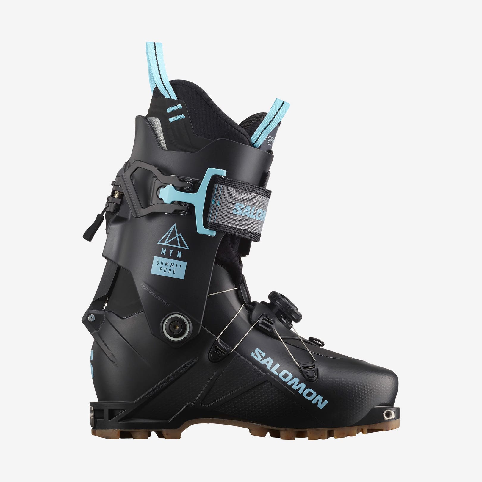Schwarzer Salomon MTN Summit Pure W Tourenskischuh mit hellblauen Akzenten, seitliche Ansicht.