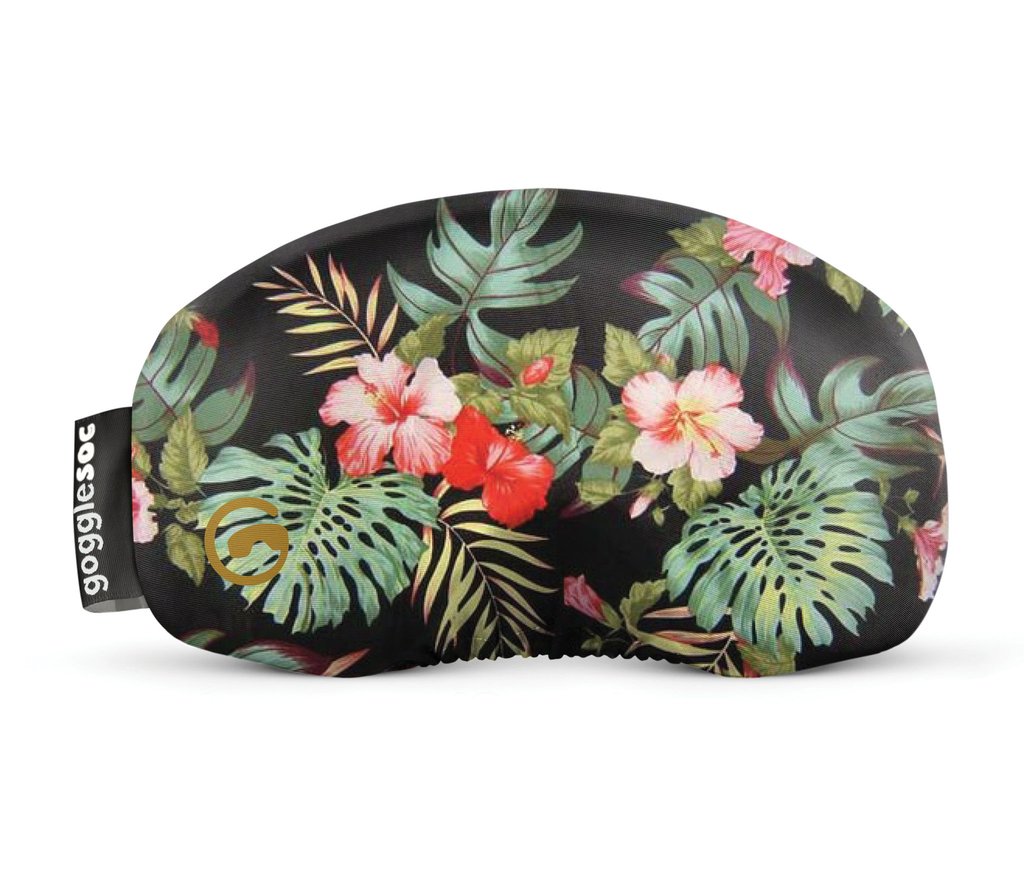 Schwarzer Hawaiian Soc mit Hibiskusblüten und Monstera Blätter Muster.