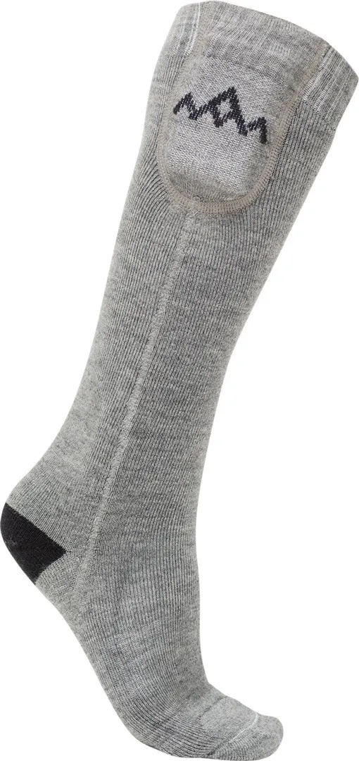 Calzino riscaldato in lana merino grigia con tallone nero e tasca portapile sul gambo.