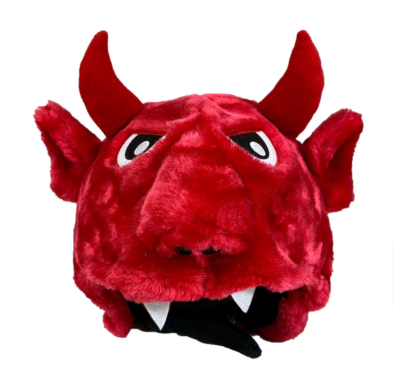 Red, plush helmet cover in the shape of a devil with horns, eyes, ears and teeth.