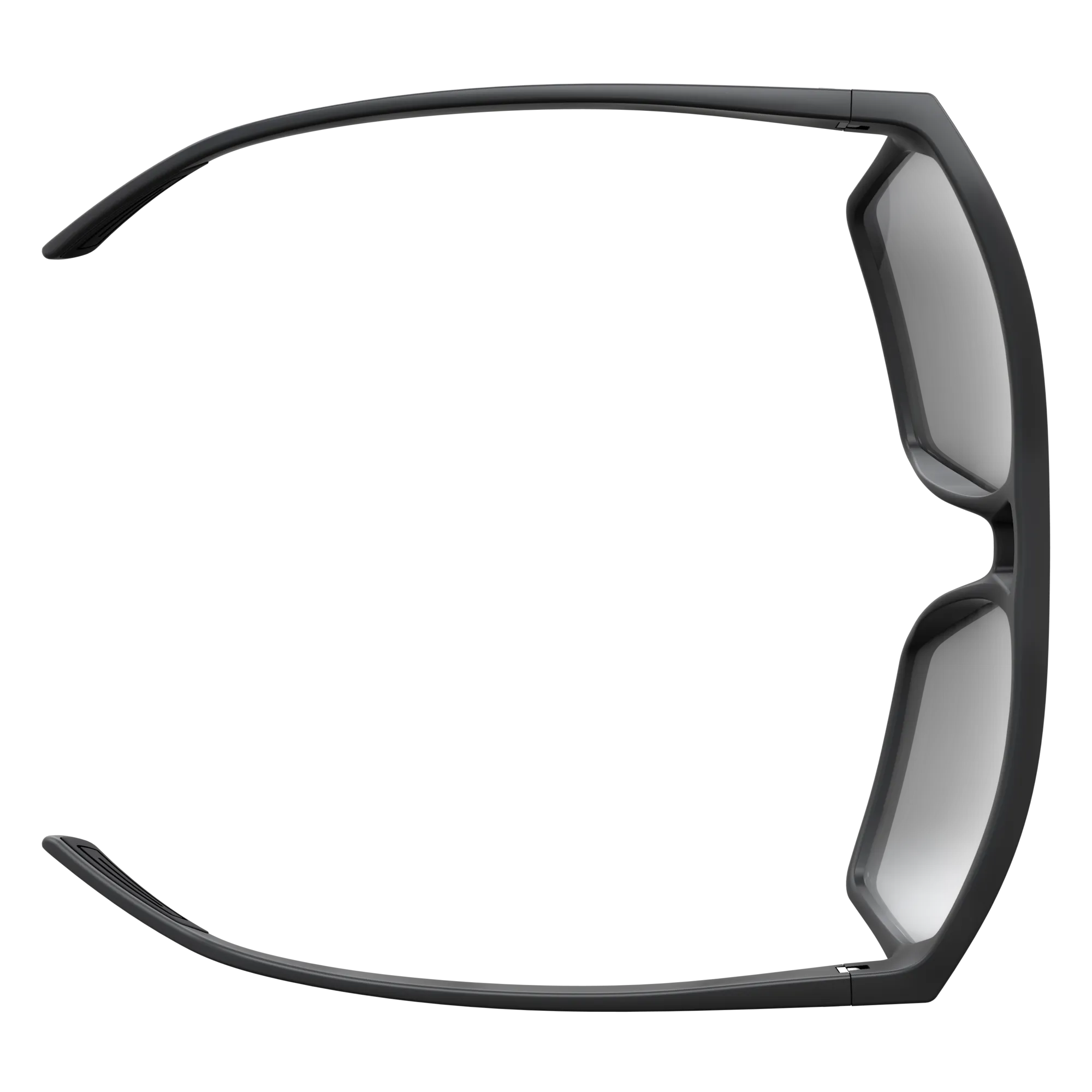 Top view of polarized, matt black SCOTT Tune glasses with grey lenses and curved temples.