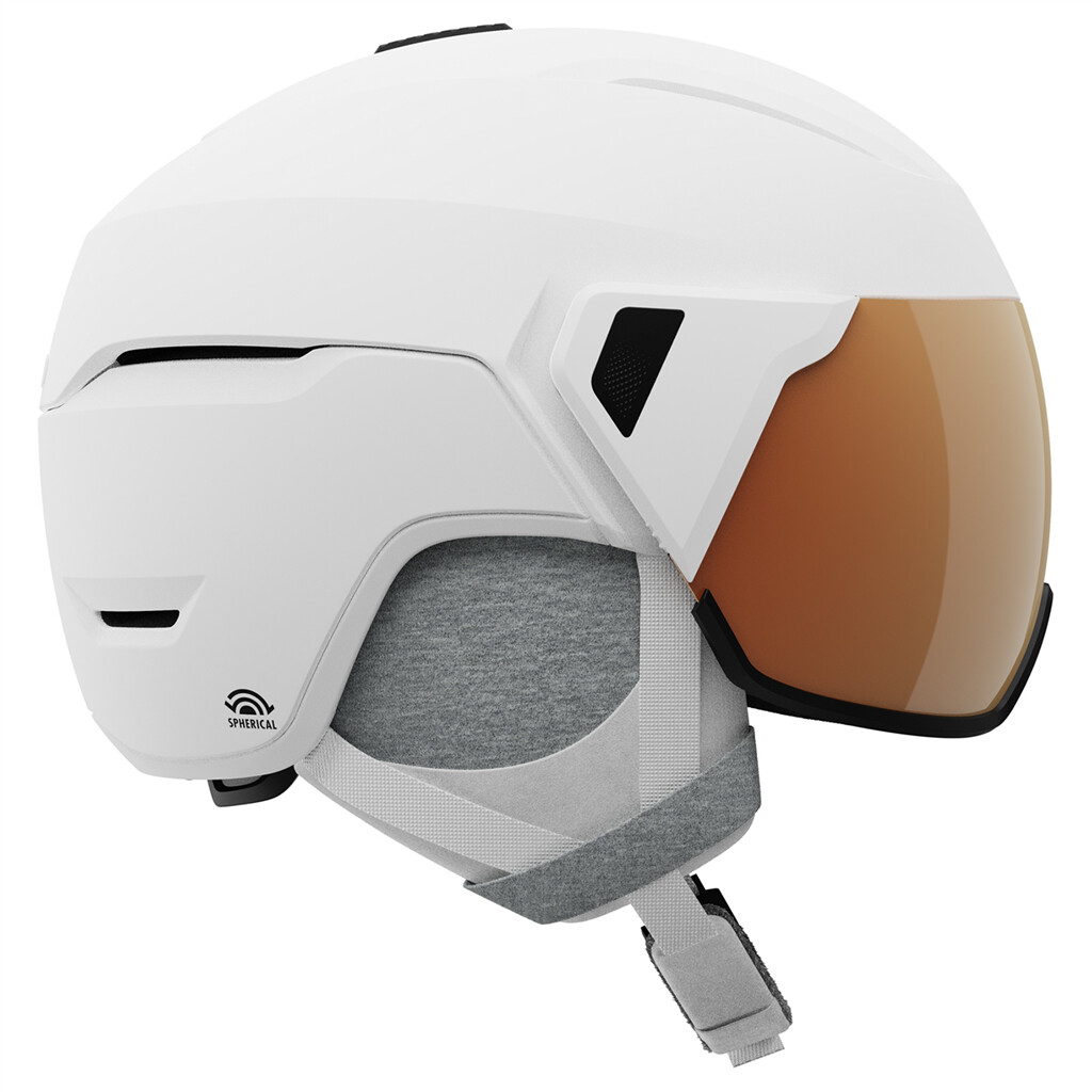 Detailansicht: Matter, weißer Skihelm mit orangefarbenem Visier und MIPS Spherical Logo an der Seite.
