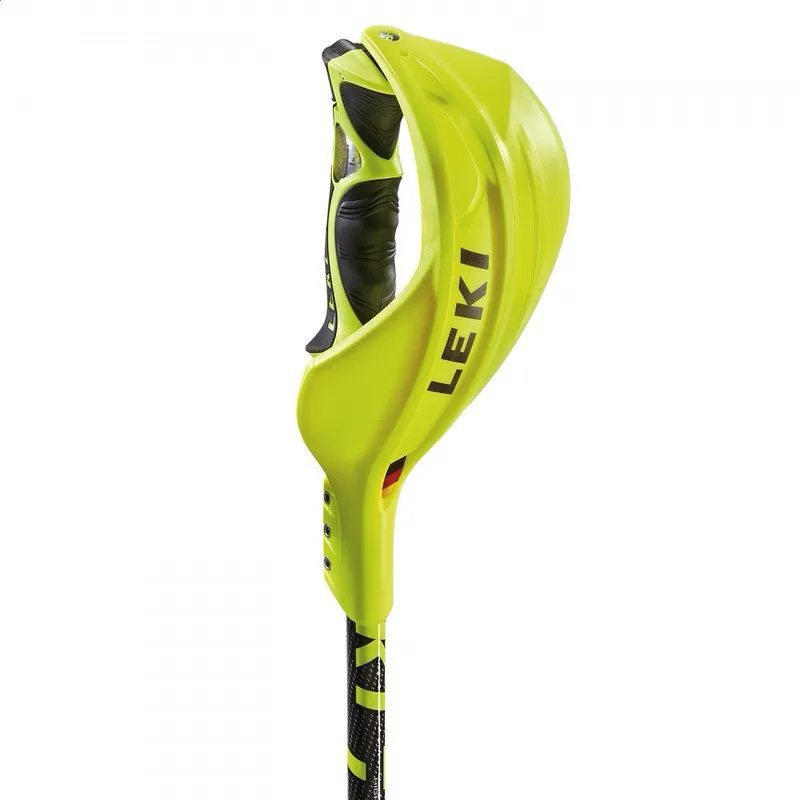 Etrier jaune de protection contre les chocs Leki pour bâton de ski avec poignée noire.