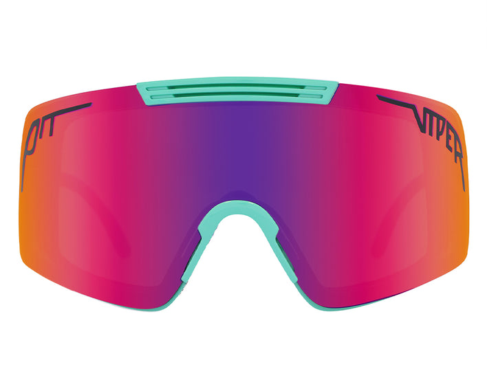 Sonnenbrille Shabooms Synthesizer mit pink-lila Revo-Linse und türkisfarbenem Rahmen, Frontansicht.