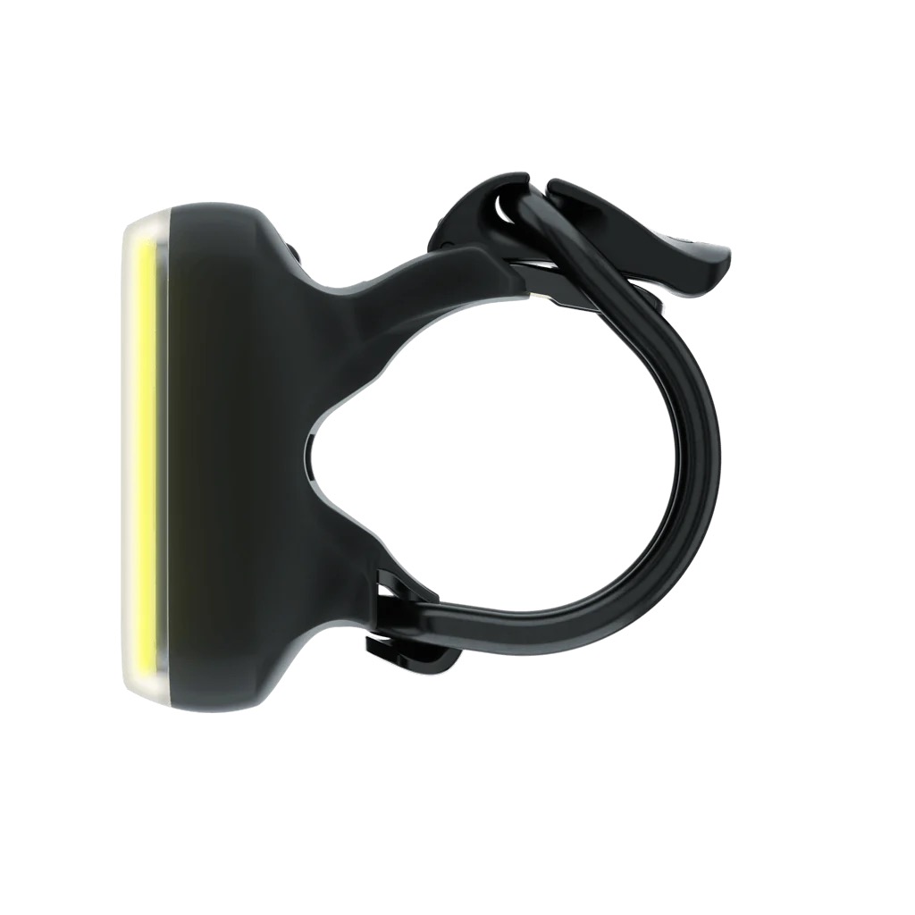 Lumière noire Knog Blinder Front Bike Light avec bande lumineuse jaune et support flexible pour vélos.