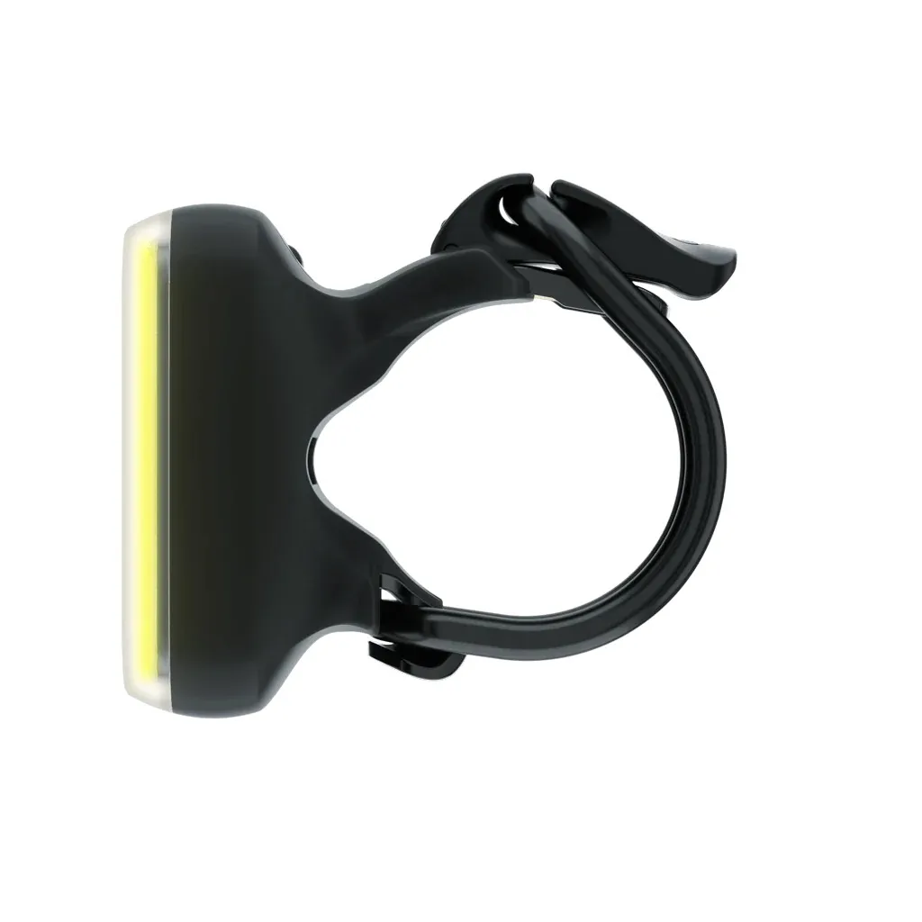 Black Knog Blinder Front Bike Light with yellow light strip and flexible holder for bicycles.